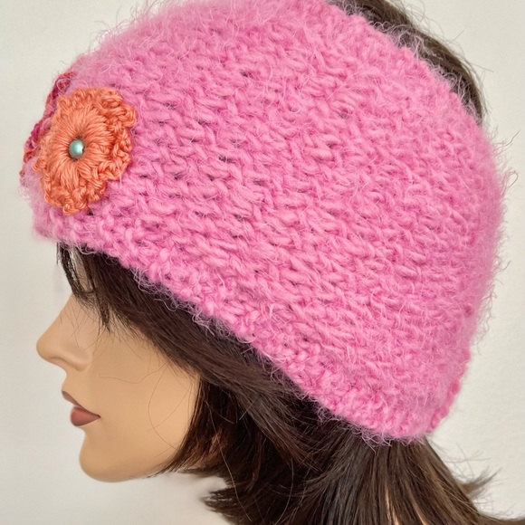 Hand Knits 2 Love Headband Headwrap Bandana Earwarmer Flower Bead Pink Designer main image 9